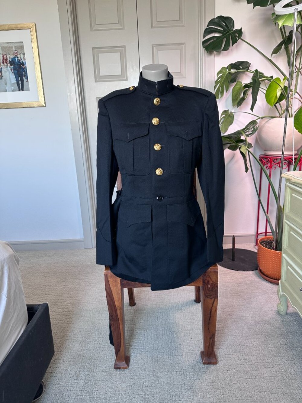 Vintage USMC Marines Military Dress Jacket Gold Button Belted Men XS/S Women S/M - Picture 9 of 15